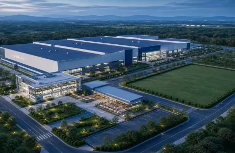 Un complexe industriel complet : usine, bureaux, restaurant d'entreprise et terrain réservé pour l'extension future