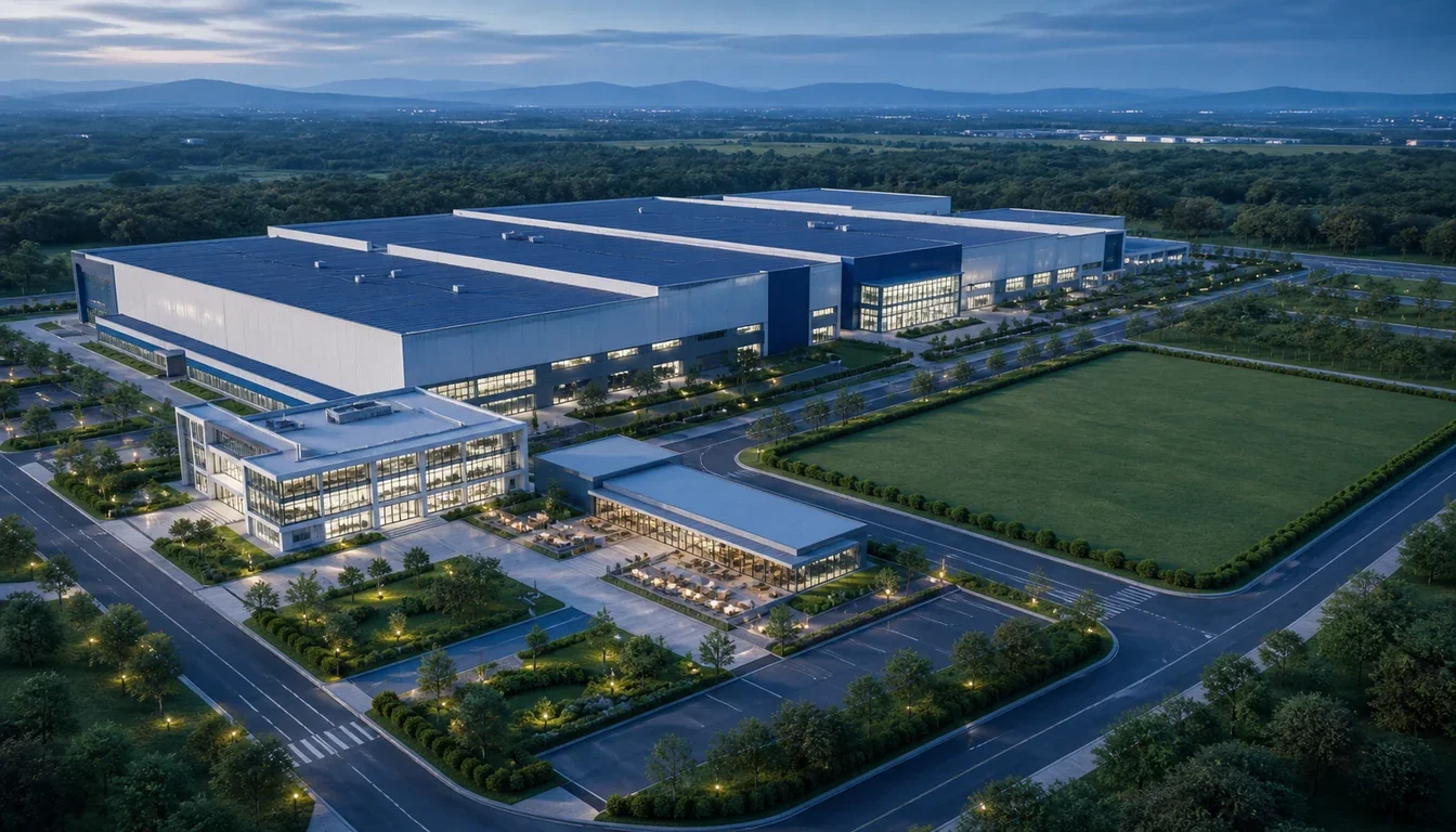 Un complexe industriel complet : usine, bureaux, restaurant d'entreprise et terrain réservé pour l'extension future